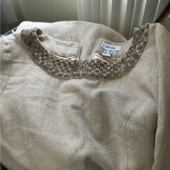 Moschino Vintage Y2K Beaded Gold A Line Mini Dress Metallic Wool Cotton Neutral - Picture 7 of 16